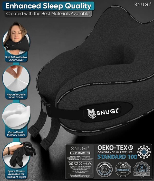 SNUGL Neck Travel Pillow - Memory Foam Airplane Pillow - Flight Pillow | Neck Support Travel Pillow with Carry Bag & Clip | Neck Pillows for Sleeping Travel Plane | Flying Travel Essentials - Black - Image 7