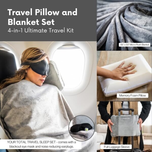 Travel Pillow and Blanket Set - 4-in-1 Ultimate Travel Kit with Memory Foam Pillow, Travel Blanket, Sleep Mask, and Earplugs-Ultimate Comfort and Coziness for Your Journeys - Pink - Image 5