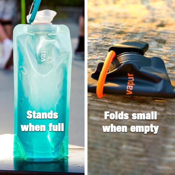 Vapur, Collapsible Water Bottle- 1 Liter, 33 Ounces- Reusable Leak Proof Water Bottles with Carabiner for Working Out, Camping, Backpacking, Hiking, & Travel!, Water Element Anti-Bottle Blue - Image 4