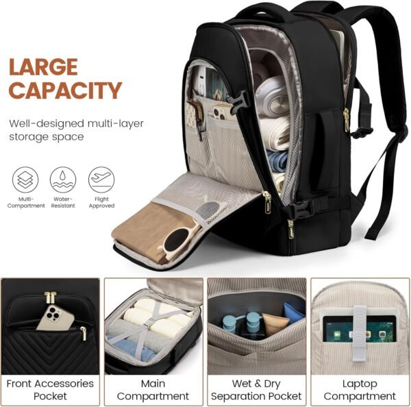 LOVEVOOK Backpack for Traveling on Airplane, Womens Travel Backpack Carry on Flight Approved, 40L Personal Item Backpack Fit 17.3inch Laptop, Black - Image 4