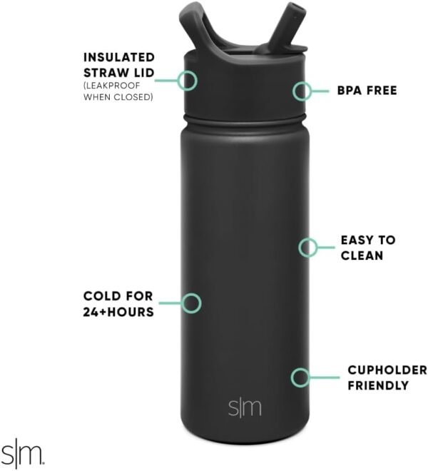 Simple Modern Kids Water Bottle with Straw Lid Vacuum Insulated Stainless Steel Metal Thermos Bottles | Reusable Leak Proof BPA-Free Flask for School | Summit Collection | 18oz, Midnight Black - Image 2
