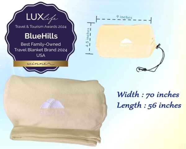 BlueHills Ultra Compact Travel Blanket Pillow for Airplane Traveling Essential Long Flight Trip Throw in Bag Portable Case Large Plane Accessories Beige - C007 - Image 3