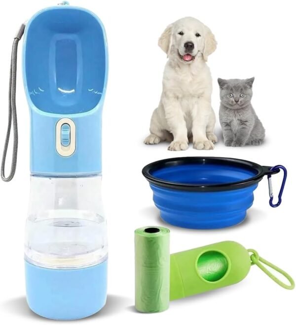 Portable Dog Travel Water Bottle with Water Dispenser Kit: Hydrate, Nourish, and Tidy Up with Ease on Your Pet's Outdoor Adventures - Travel Water Dispenser, Food Container, and Poop Bag All-in-One.