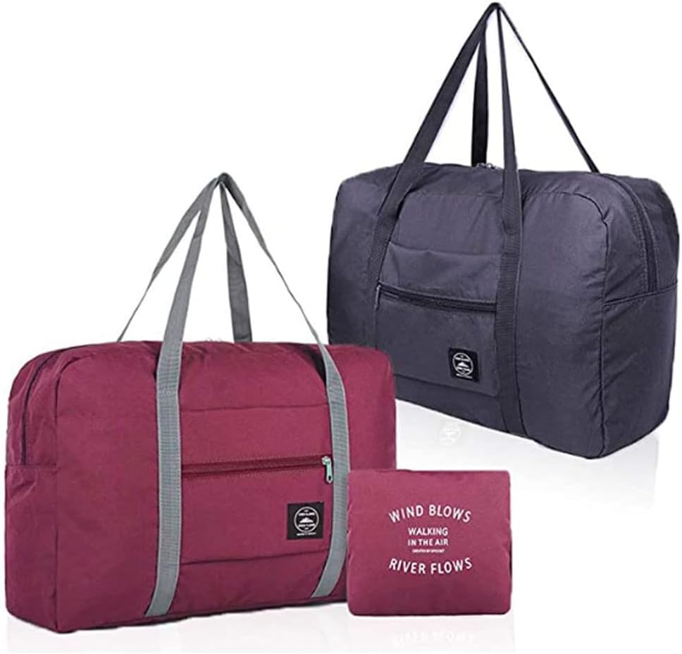 Foldable Travel Duffel Bag (2 Pack), For Spirit Airlines, Weekender Overnight Bag, Tote Carry on Luggage Sport Duffle Weekender Overnight for Women and Girls (2Pack-Red Black)