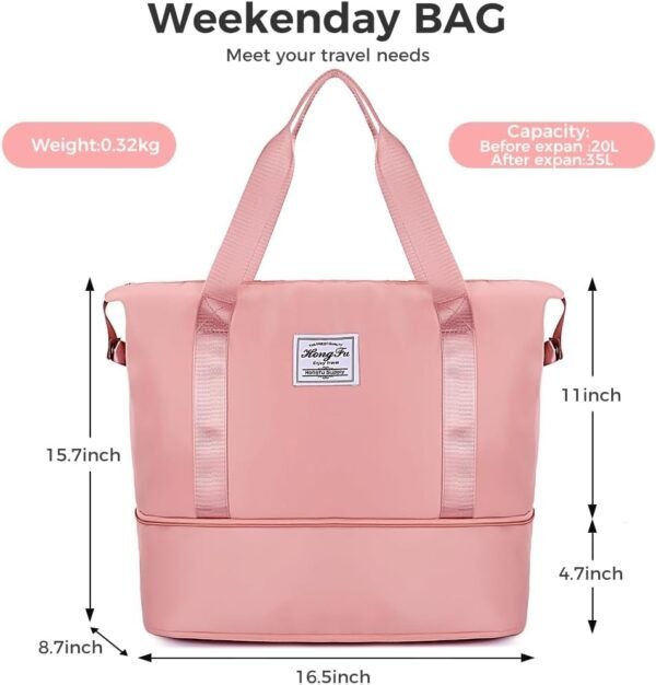 Large Capacity Folding Duffel Bag With Trolley Sleeve - Lightweight Weekender Carry On Bag for Travel and Sports - Pink - Image 3