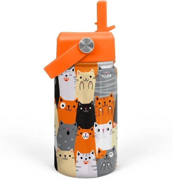 SANDJEST Cat Water Bottle - Kids Water Bottle with Straw Lid - 12 Oz Insulated Stainless Steel Water Bottles for Toddlers Kid Boys Girl - Travel Cup for School Sports - Image 2