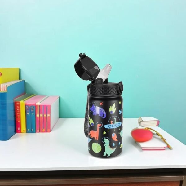 GOPPUS Kids Insulated Water Bottle - 14 Oz BPA Free 18/8 Stainless Steel Travel Bottle with Straw Water Bottle with Double Wall Vacuum Leak Proof Kids Cup for School Boys Girls, Space dinosaur - Image 7