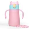 12oz Stainless Steel Sippy Cups with Straw, Insulated Kids Water Bottle with Portable Strap, Toddler Cups with Removable Handle, Kids Water Bottle for Girls and Boys,Pink