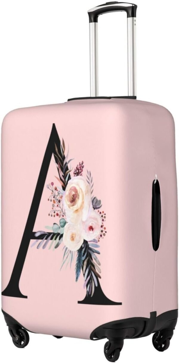 Spandex Travel Luggage Cover Cute Pink Suitcase Protector Bag,Black Letter A With Boho Floral Flowers Leaves Anti-Scratch,Dust-Proof Washable Baggage Covers For Kid Adult,S (For 18-21 Inch Luggage) - Image 2