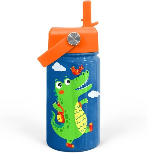 SANDJEST Crocodile Water Bottle - Kids Water Bottle with Straw Lid - 12 Oz Insulated Stainless Steel Water Bottles for Toddlers Kid Boys - Travel Cup for School Sports - Image 2