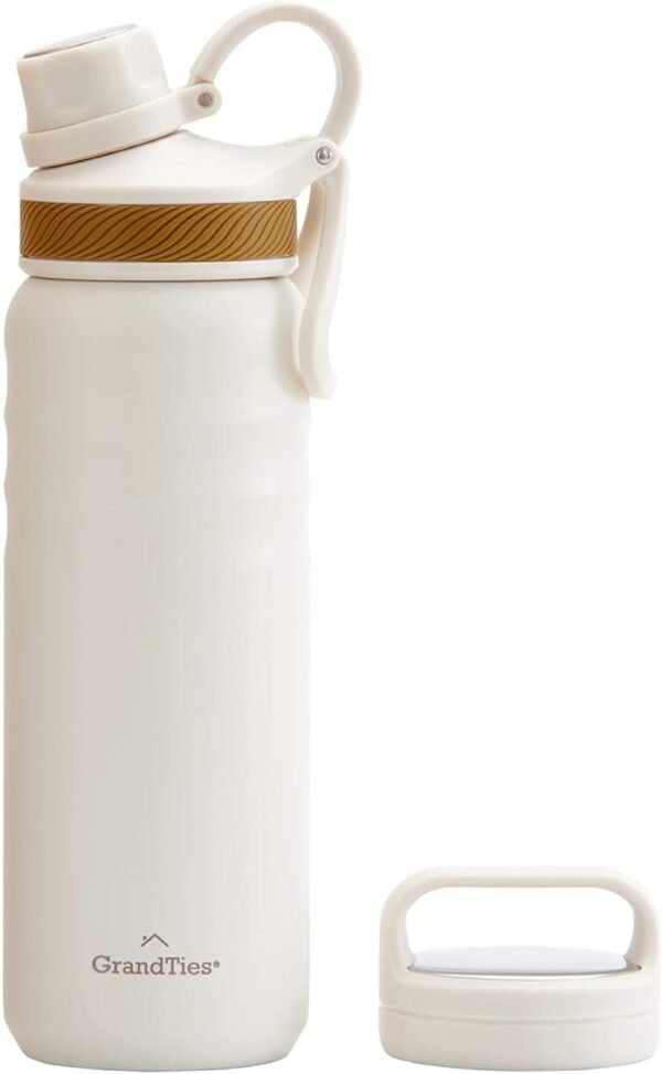 GRANDTIES 2 Lids Sports Stainless Steel Water Bottles – Wide Mouth Vacuum Insulated Reusable Leak Proof BPA-Free Travel Metal Canteen, Thermos Bottles for Men Women Gym (24 oz Ivory White)