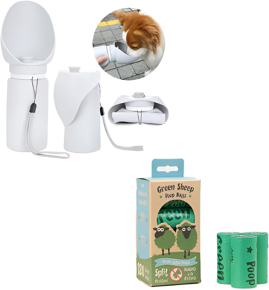 Offer 500 ml Silicone Foldable Leak Proof Dog Travel Water Bottle and 120 Biodegradable Pet Waste Bags Ideal for Travel, Hiking, Walks, and Outdoor Activities Portable Pet Accessory