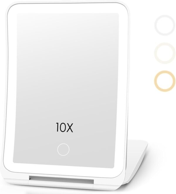 10X Magnification Rechargeable Makeup Mirror for Travel, Makeup Mirror with 80 LED Lights, 3 Color Lighting, Dimmable Touch Screen,Portable Vanity Mirror, Travel Essentials