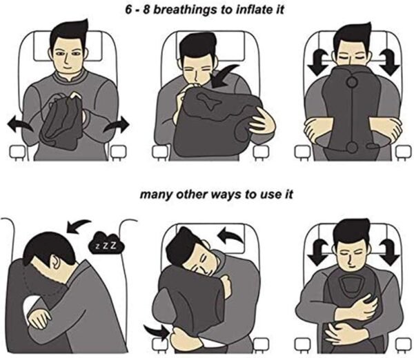 Inflatable Travel Pillow for Airplane, Neck Air Pillow for Sleeping to Avoid Neck and Shoulder Pain, Support Head and Lumbar, Used for Airplane, Car, Bus and Office (Black) - Image 7
