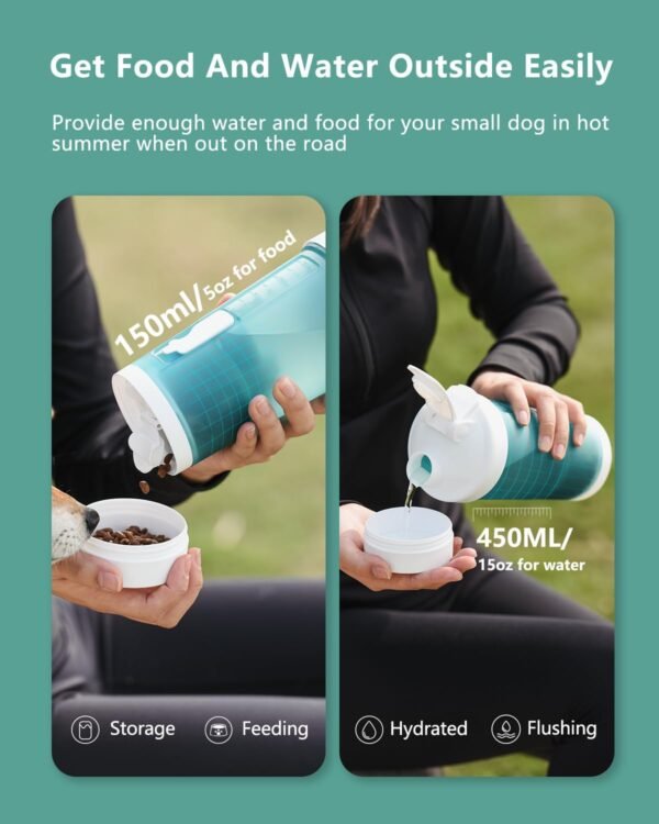 PAWGETHER® Dog Water Bottle with Poop Bag Food Container Shoulder Stap, Built in Bowl No Spill Portable Dog Travel Water Bottle Dispenser (450mL for Water 150mL for Food, Grey) - Image 6
