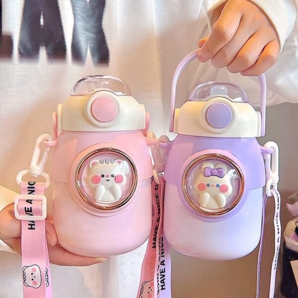 Kawaii Water Bottle with Straw,Travel Cute Water Bottles with Adjustable Strap Leak Proof BPA Free Wide Mouth Water Cup with Lid for Girls, School (Purple) - Image 3