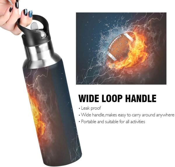 American Football Fire Water Bottle Kids Insulated Thermos Stainless Steel Hot Cold Water Flask Jug with Straw Lid for Sports Gym Running 20 oz - Image 4