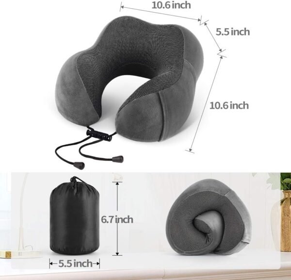 Travel Pillow 100% Memory Foam Pillow, Neck Pillow for Airplane, Neck & Head Support Pillow for Sleeping Rest & Car, Travel Pillows Kit with Storage Bag, Sleep Mask and Earplugs Dark Grey - Image 2