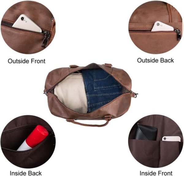 Leather Travel Bag with Shoe Pouch,Weekender Overnight Bag Waterproof PU Leather Large Carry On Bag Travel Tote Duffel Bag for Men or Women-Brown - Image 4