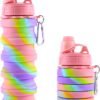 Rainbow Collapsible Folding Water Bottles for Kids, Students, Adults, Reusable BPA Free Silicone Foldable Sports Water Bottles for Travel Camping Hiking, Pink