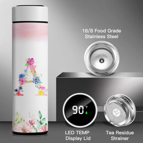 Personalized 16oz Initial Water Bottle,Smart Sport Water Bottle with LED Temperature Display,Customized Letter Coffee Thermos,Travel Coffee Mug (A) - Image 2