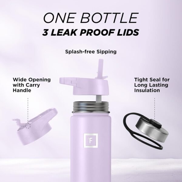 IRON °FLASK Camping & Hiking Hydration Flask, Wide Mouth, 3 Straw Lids, Stainless Steel Outdoor Water Bottle, Double Walled, Insulated Thermos, Metal Canteen - Lavender, 22 Oz - Image 6