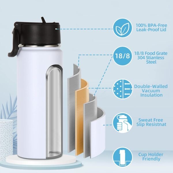 Volhoply 18oz Insulated Water Bottle Bulk 2 Pack,Kids Stainless Steel Water Bottles with Straw,Double Wall Vacuum Metal Thermos Water Bottle,Wide Mouth Reusable Sport Flask For Cold Drink(Mix,2 Set) - Image 3