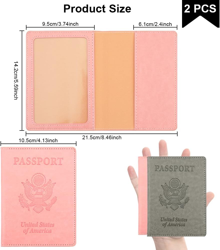 Passport Holder, Passport Cover, Passport Holder for Women, 2 Pack Travel Passport Wallet, Leather Passport Case, Passport Protector International Travel Must Haves Accessories, Grey+Pink - Image 2