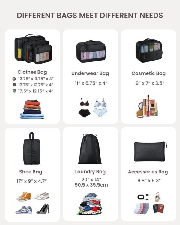 Packing Cubes for Travel - 8 Set of Packing Cubes for Suitcases - Packing Cubes for Carry on Suitcase Organizer Bags Set for Travel Accessories, Travel Bags Organizer for Luggage (Black) - Image 2