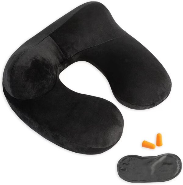 Inflatable Travel Pillow, Neck Pillow Support for Traveling, Airplanes, Cars, and Offices with Compact Carrying Bag, Soft Velvet Washable Cover, Ideal for Adult Sleepers (Black)