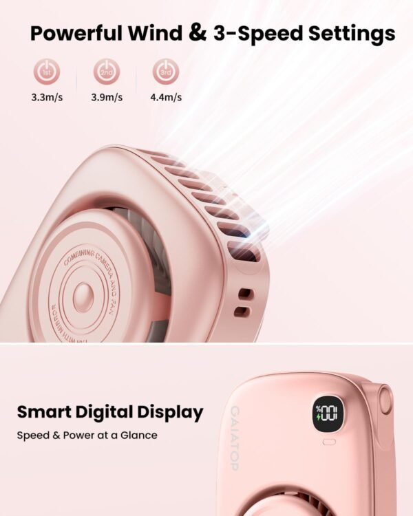 Gaiatop Neck Fan Rechargeable Mini Portable Fan Cute Camera Design, Small Desk Fan with 360°Rotate Mirror, 3 Speed USB Handheld Fan with LED Display, Cooling Personal Lash Fan Travel Essentials Pink - Image 6