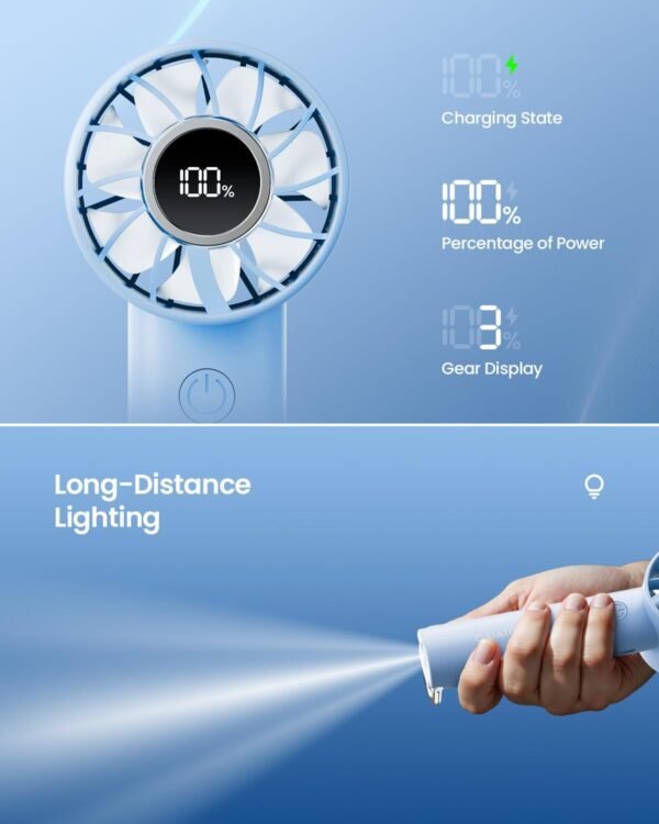 Gaiatop Portable Mini Fan, Handheld Fan with LED Display & Flashlight, 3 Speeds 2000mAh USB Rechargeable Battery Fan, Small Personal Desk Fan for Women Men Girls Kids Indoor Outdoor Travel Blue - Image 6