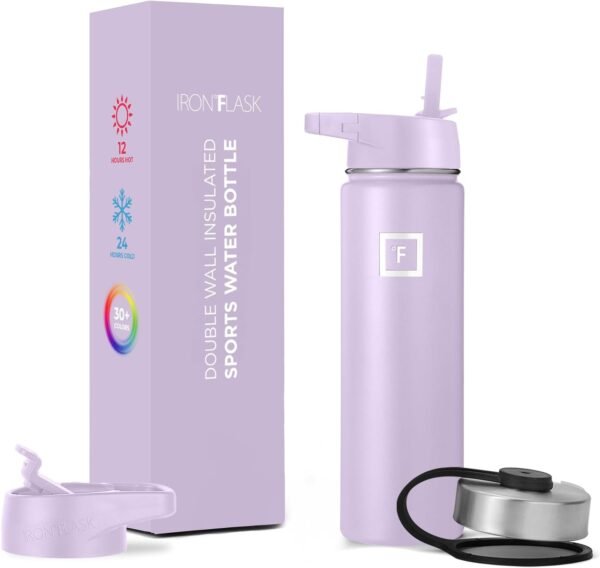 IRON °FLASK Camping & Hiking Hydration Flask, Wide Mouth, 3 Straw Lids, Stainless Steel Outdoor Water Bottle, Double Walled, Insulated Thermos, Metal Canteen - Lavender, 22 Oz