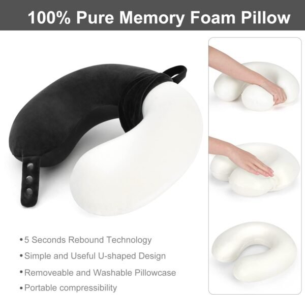 Travel Neck Pillow, Best Memory Foam Airplane Pillow for Head Support Soft Adjustable Pillow for Plane, Car & Home Recliner Use (Black) - Image 5