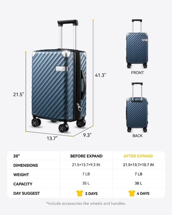 LUGGEX Luggage with Spinner Wheels - Polycarbonate Expandable Hard Shell Suitcase, Carry-On 20-Inch, Black - Image 9