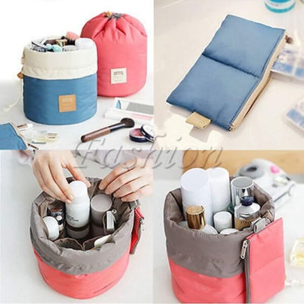EUOW Travel Cosmetic Bags Barrel Makeup Bag,Women&Girls Portable Foldable Cases, Multifunctional Toiletry Bucket Bags Round Organizer Storage Pocket Soft Collapsible(Lightblue) - Image 3
