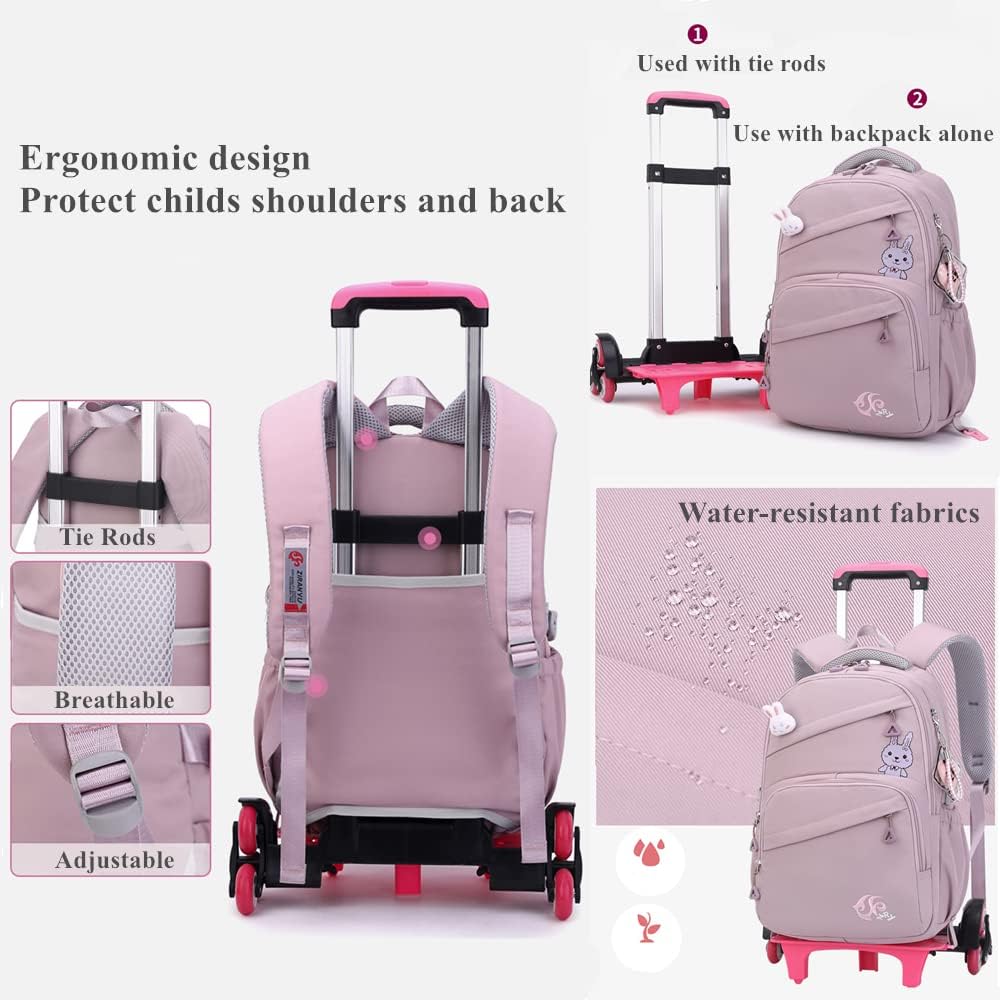 Rolling Backpack for Girls Trolley BookBag with Wheels Elementary and Middle School Luggage Travel Bag - Image 6
