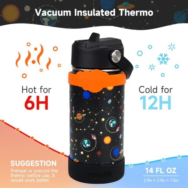 Morlike Kids Water Bottle with Straw Lid, 14oz Vacuum Insulated Stainless Steel Travel Tumbler Thermo Cup for School, Leakproof Toddler Girls Water Bottles(Black, Space) - Image 2