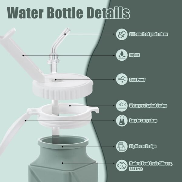 Collapsible Water Bottle, Food Grade BPA Free Silicone Water Bottle, 21oz Folding Travel Water Bottle with Straw Leakproof for Sports,Office, Gym, Hiking, Mountaineering, Travel (Green) - Image 3