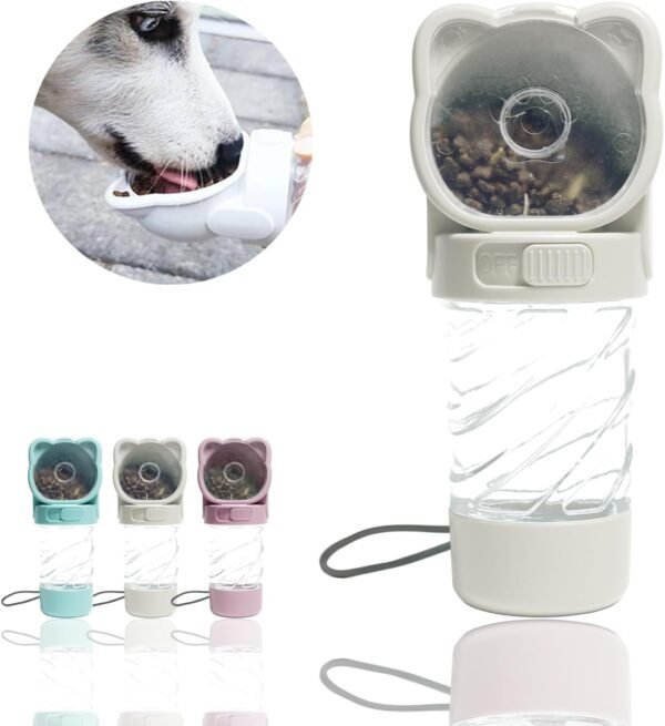 3 in 1 Pet Water Bottle, Outdoor Portable Dog Water Bottle with Food Container Garbage Bags Dispenser, for Cat Puppy Pets Stuff Essentials Accessories, for Walking Hiking Travel (White)