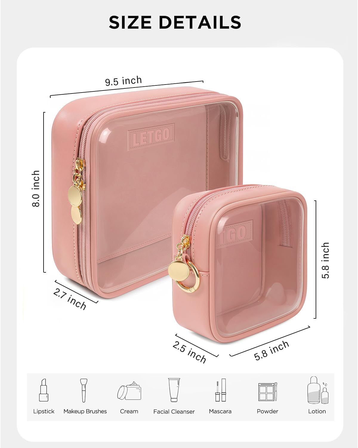 LETGO Clear Makeup Bags Set - TSA Approved Toiletry Bag,Clear Toiletry Bags for Traveling Small Clear Makeup Bag for School Mini Travel Essentials Pink Car Accessories for Women Men (Large+Mini Pink) - Image 2