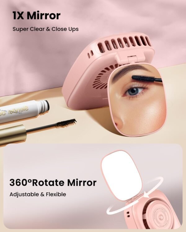 Gaiatop Neck Fan Rechargeable Mini Portable Fan Cute Camera Design, Small Desk Fan with 360°Rotate Mirror, 3 Speed USB Handheld Fan with LED Display, Cooling Personal Lash Fan Travel Essentials Pink - Image 3