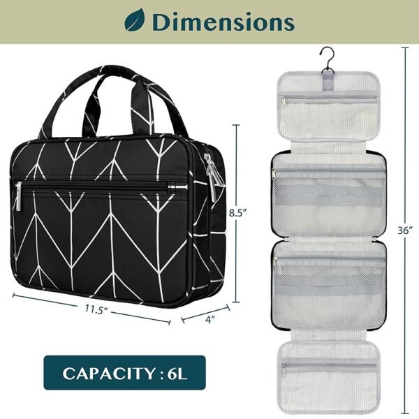 PAVILIA Hanging Toiletry Bag Travel Bag Women Men, Foldable Cosmetic Organizer, Roll up Makeup Bag, Water Resistant Accessories Toiletries, Large Travel Essentials Kit (Black Chevron) - Image 6