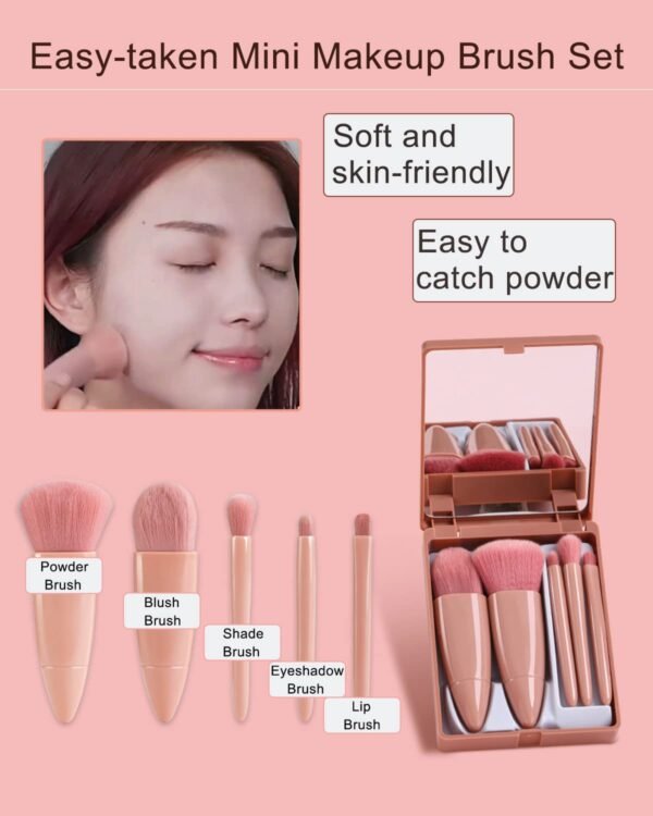 Travel Size Makeup Brushes Set Mini Makeup Brushes, Small Complete Function Cosmetic Brushes Kit with Case and Mirror Perfect for On The Go, 5PC (Mini Pink) - Image 4