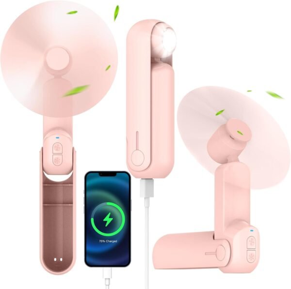 4 IN 1 Portable Handheld Fan,Personal Foldable Cooling Fan, Mini Pocket Fan,Desk Fan,Hand Fan,Flashlight,Power Bank,Table Lamp,Camping Travel Beach Fan, Birthday Gifts for Women Mom(Pink)