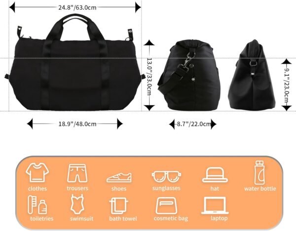 WALNEW Gym Duffel Bag for Women Men, Travel Carry on Weekender Overnight Tote Bags, Lightweight Waterproof Personal Item Bag for Sports, Dance, Workout with Wet Pocket, Black - Image 2