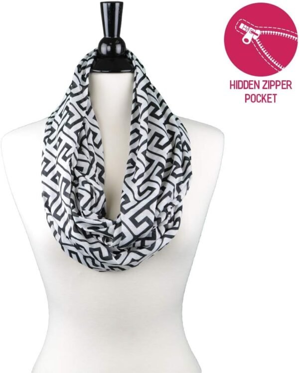 Shop Infinity Scarf with Zipper Pocket - Travel Scarf with Hidden Pockets for Women - Greek Key Pattern Scarves - Image 2