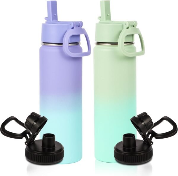 Volhoply 20oz Insulated Stainless Steel Water Bottle With Straw Lid Bulk 2 Pack,Kids Double Wall Vacuum Thermos With Handle,Reusable Outdoor Sports Camping Metal Bottles,Travel Flask Keep Cold(Mix,2)
