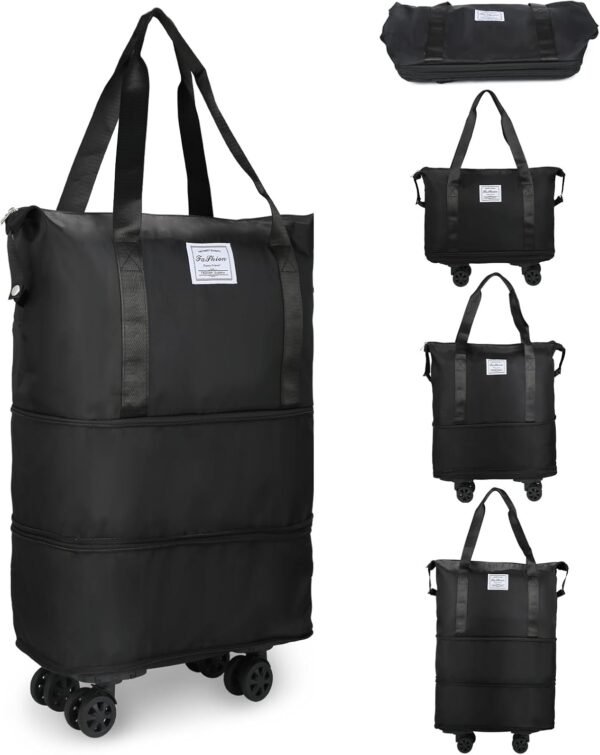 VOOWO Rolling Duffle Bag with Wheels, Expandable Foldable Duffle Bag with Wheels and Handle for Travel, Rolling Luggage bag Carry on Duffel Bag, Wheeled Travel Duffle Bag, Large Weekend Bag (Black)