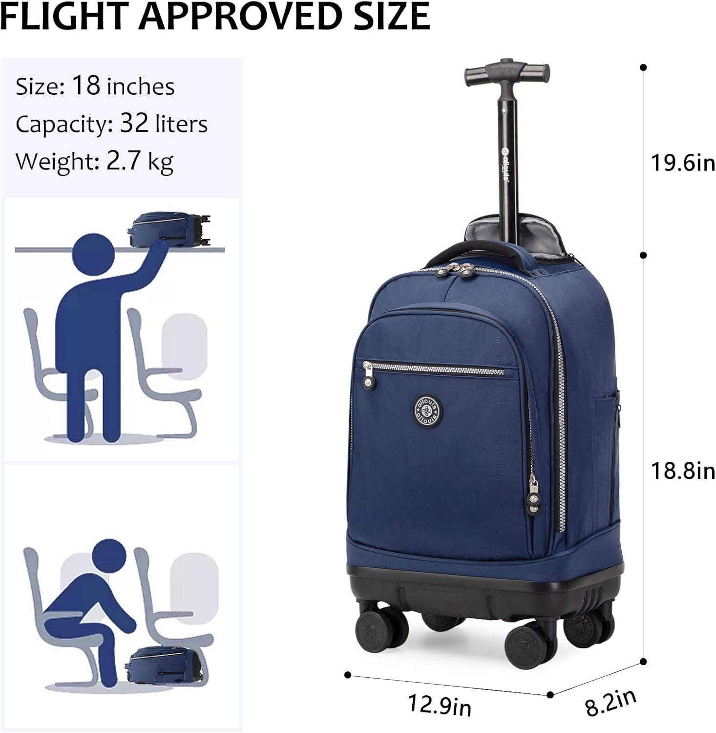 Rolling Backpack with Detachable Wheels 18 inch Wheeled Laptop Backpack Carry on Luggage Bag for Women Men to Travel - Image 3